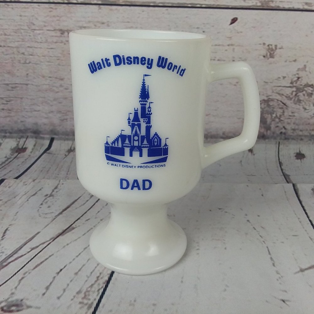 Vintage Walt Disney World Productions Dad White Milk Glass Pedestal Coffee Mug